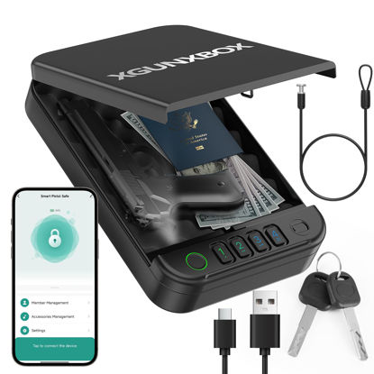Picture of Gun Safe, Upgrade APP Control Portable Small Pistol Safe Travel Case, Biometric Gun Safes for Handgun, Fingerprint Quick Access Gun Box with Keys, Keypad and USB-C Port for Home Bedside Nightstand Car