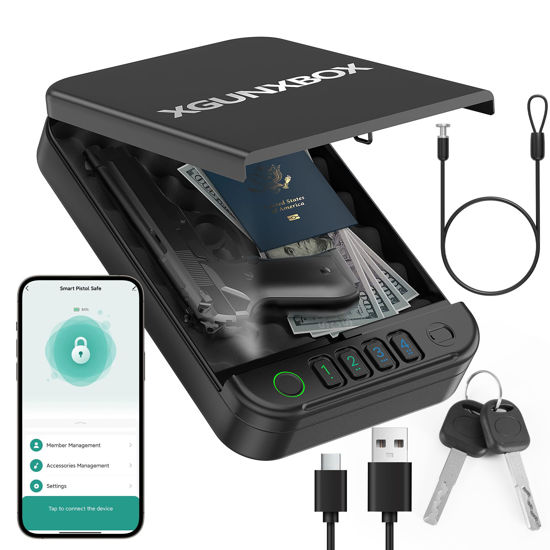 Picture of Gun Safe, Upgrade APP Control Portable Small Pistol Safe Travel Case, Biometric Gun Safes for Handgun, Fingerprint Quick Access Gun Box with Keys, Keypad and USB-C Port for Home Bedside Nightstand Car