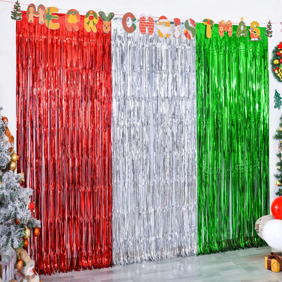 Picture of LOLStar 3 Pack Christmas Foil Fringe Curtains Christmas Party Decoration 3.3X6.6 ft Each Red Silver Green Tinsel Fringe Party Photo Backdrop Streamer for Christmas,New Year, Christmas Sweater Party