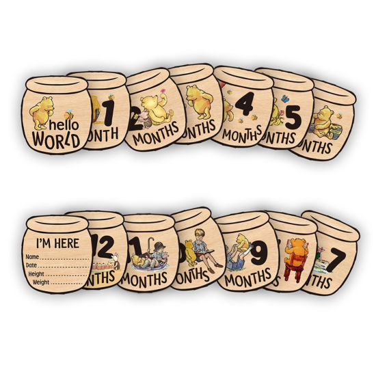 Picture of Baby Bear Month Milestone Circles, Wooden Honey Pot Shaped, for Baby Photo Shoots with 'Hello, World' Name Signs - 7 Double-Sided Signs for Documenting Growth