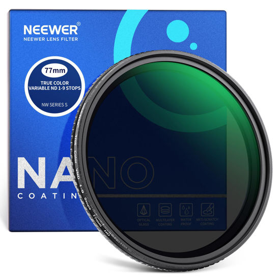 Picture of NEEWER 77mm True Color Variable ND2-ND400 Filter, Hard Stops Adjustable Neutral Density VND Filter with Multi Coated HD Optical Glass/Aluminum Frame/Water Repellent/Scratch Resistant