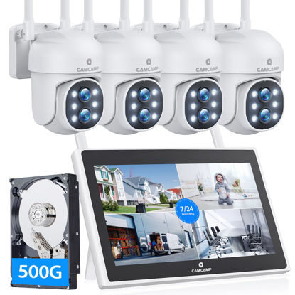 Picture of CAMCAMP Wireless Security Camera System Outdoor with 10.1" LCD Monitor, 4Pc 2K Dual Lens PTZ Security Cameras, 10X Zoom, Color Night Vision,Auto Tracking,2-Way Audio,10CH Expandable NVR, 500GB HDD