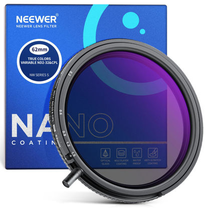 Picture of NEEWER 62mm True Colors Variable ND Filter ND2-ND32 & CPL, 2 in 1 Adjustable Neutral Density and Circular Polarizing Filter, Multi Coated HD Optical Glass/Aluminum Frame