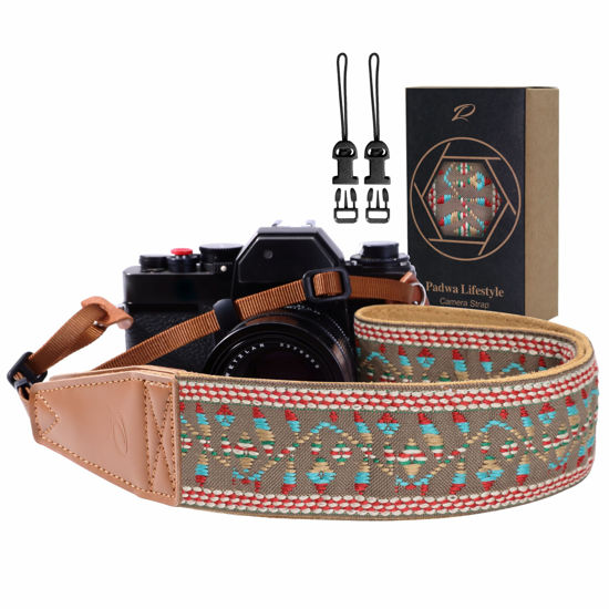 Picture of Padwa Lifestyle Camera Strap - 2" Full Grain Leather Ends Camera Straps for Photographers, Vintage Embroidered Cotton Weave Soft Suede Fabric Padded Strap Quick Release fits All Cameras