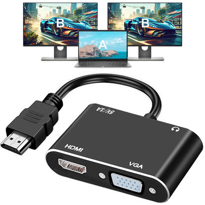 Picture of AKWOR HDMI to VGA+HDMI Adapter for Dual Monitor, HDMI to VGA, HDMI to HDMI Splitter 2-in-1,1080P@60HZ Full HD Display Video Converter Compaitble with Windows/Mac Os/Linux, Plug & Play