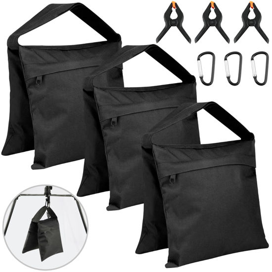 Picture of 3 Pack Photography Sandbag Heavy Duty Sand Bags with Zipper Weight Bag Saddlebag Design for Photography Stand with Spring Clamps & Buckle Sand Bag Weights for Backdrop Stand Photo Tripod