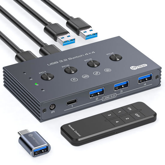 Picture of USB 3.2 Switch Selector 4 Computers Share 1 USBC & 3 USBA Devices 10Gbps 4 Port USB Switcher Sharing Keyboard Mouse Printer Scanner with Cable and Remote Control and a dapter