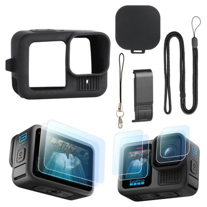 Picture of HSU Silicone Sleeve Case for GoPro Hero 13 Black, Battery Side Cover & Screen Protectors & Lens Caps & Lanyard, GoPro Hero 13 Black Accessories Kit