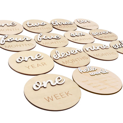 Picture of 3D Wooden Monthly Milestone Cards, Baby Monthly Milestone Marker Cards, Newborn Memento Milestone to Document Baby's Growth, Pregnancy Journey Sign -incl Announcement & Hello World Sign.