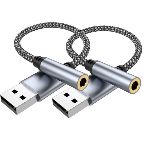 Picture of 2Pack USB to 3.5mm Jack Audio Adapter, USB to Audio Aux Cable External Stereo Sound Card, USB to 3.5mm TRRS Female Headset forPS4/PS5/Headphone/Mac/Linux/Laptop/Desktops/Docking Station