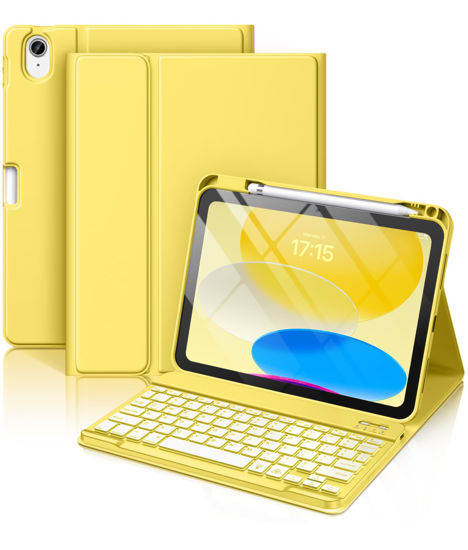 Picture of Hamile for iPad 10th Generation Case with Keyboard 10.9 Inch - 7 Colors Backlit Wireless Detachable Folio Keyboard Cover with Pencil Holder for New iPad 10th Gen 2022 (Yellow)