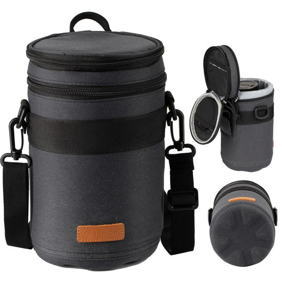 Picture of TARION Pro Camera Lens Case Hard Case Camera Lens Pouch Padded Camera Lens Bag Shockproof Lens Carry Case with Shoulder Strap for DSLR SLR Lens Camera Lens Storage Bag Black Size XL 3.7x6.9 inches