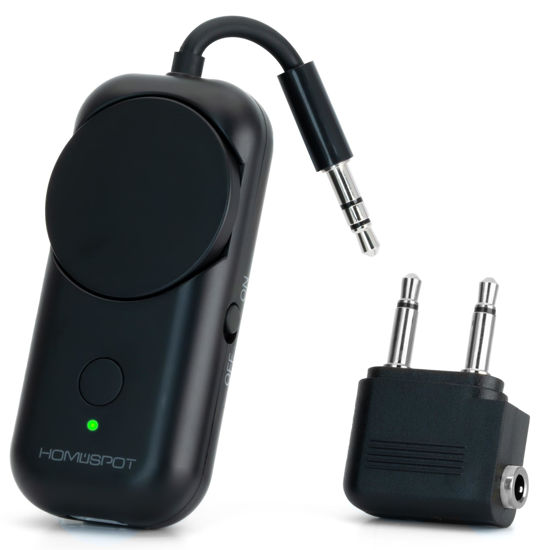 Picture of HomeSpot Bluetooth 5.3 Airplane Adapter, Rotary Volume, aptX Low Latency & Adaptive, 25 Hrs, Use with Any 3.5mm Jack on Airplanes, TVs, Car, Gym, Ideal for AirPods, Headphones and More, Black