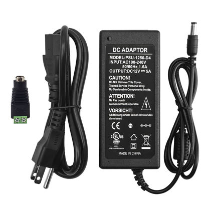 Picture of DC 12V 5A Power Supply Adapter, AC 100-240V to DC 12V Transformer, for CCTV Security Surveillance Cameras, Router, LED Strip Light, with DC Connector Terminal, UL-Listed, by CENTROPOWER