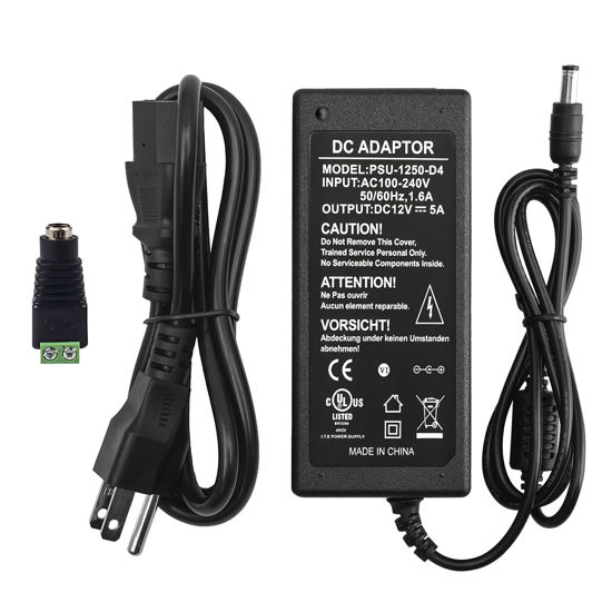 Picture of DC 12V 5A Power Supply Adapter, AC 100-240V to DC 12V Transformer, for CCTV Security Surveillance Cameras, Router, LED Strip Light, with DC Connector Terminal, UL-Listed, by CENTROPOWER