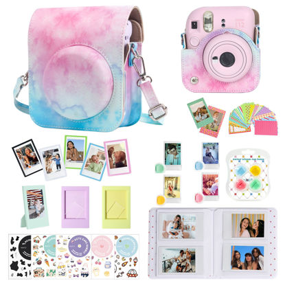 Picture of CAIYOULE Accessories for Fuji Instax Mini 12 Camera, Accessory Bundle Include PU Leather 12 Case, Mini Picture Album, Frames, DIY Stickers, Color Filter (No Camera) - Blue Pink Watercolor