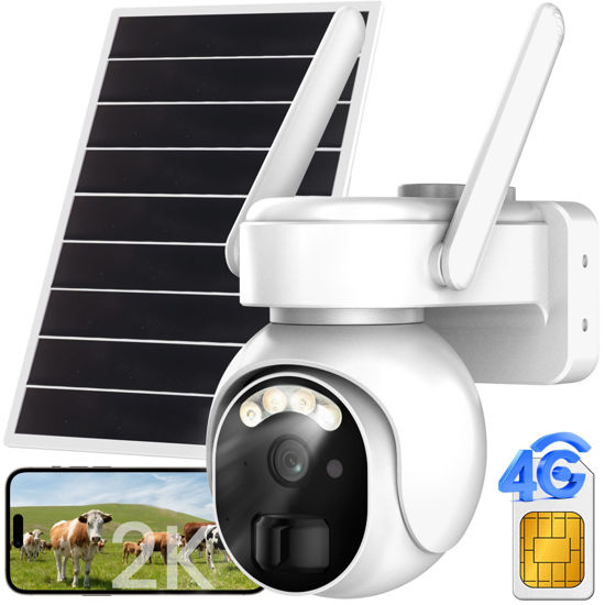 Picture of 4G LTE Security Cameras Wireless Outdoor, 2K Solar Cellular Security Camera, No WiFi Security Camera, Off Grid With 360° Live View, Color Night Vision, PIR Motion Alerts, 2 Way Talk, Built-In SIM Card