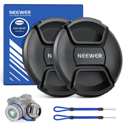 Picture of Neewer 49mm Lens Cap Kit (2 Pack), Lens Cover with Anti Loss Strap and Cleaning Cloth, Compatible with Canon Nikon Sony Fujifilm Panasonic Camera Lens of 49mm Diameter