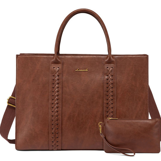Picture of LOVEVOOK Laptop Tote Bag for Women, Vintage Leather Work Bags Teacher Laptop Bag With Cup Holder, Waterproof Computer Bag Purse, Professional Briefcase Office Shoulder Bag Handbag, 15.6 Inch, Brown
