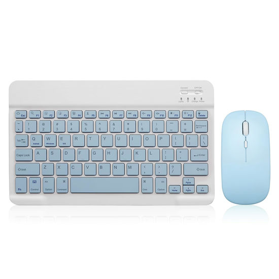 Picture of Bluetooth Keyboard and Mouse Combo Rechargeable Portable Wireless Keyboard Mouse Set for Apple iPad iPhone iOS 13 and above Samsung Tablet Phone Smartphone Android Windows (10 inch Blue)