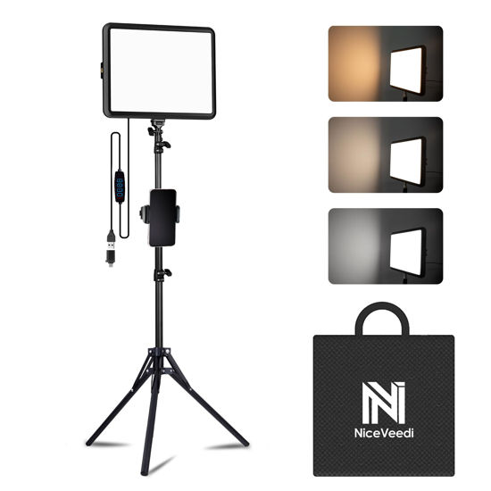 Picture of NiceVeedi 1-Pack Photography Lighting Kit, 2800-6500K Bi-Color LED Video Light Kit, Dimmable Studio Light with Tripod Stand & Phone Holder, Light for Video Recording, Game Streaming, YouTube