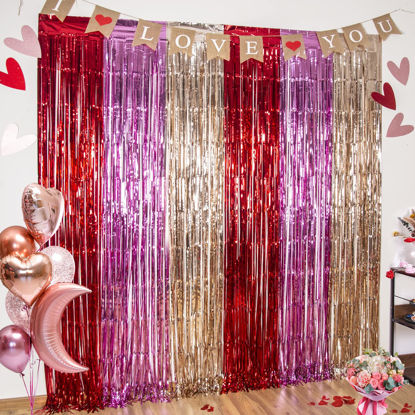 Picture of LOLStar 3 Pack Valentines Day Party Decorations 3.3X6.6 ft Photo Booth Props Red Pink Champagne Gold Valentine's Day Decors Foil Fringe Curtains Backdrop Streamers for Wedding Birthday Engagement
