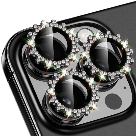 Picture of Xfilm for iPhone 16 Pro/16 Pro Max Camera Lens Protector Bling Individual Gear Design Diamond Ring 9H Hardness Scratchproof Protector, Stylish Phone Accessories, Case Friendly (Black)