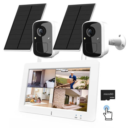 Picture of Solar Wireless Security Camera System with 7" Touchscreen Monitor, 2PCS 4MP WiFi Battery Powered Camera Outdoor, PIR Human Detection, 2-Way Audio, Color Night Vision, Pre-installed 64GB SD Card