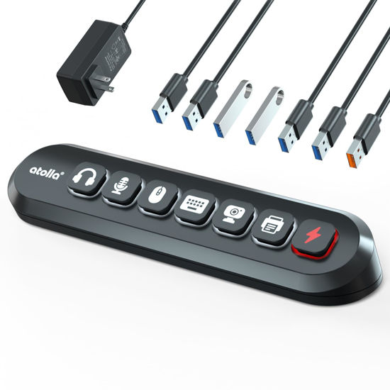 Picture of Powered USB Hub, atolla 7-Port USB 3.0 hub (6 Superspeed Transfer Ports+ 1 Fast Charging Port) with Swappable Illuminated Icon Switch and 12V/3A Power Adapter for Windows, MacOS, ChromeOS, Linux