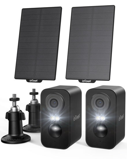 Picture of Solar Security Cameras Wireless Outdoor, ieGeek 2 Pack 2K WiFi Battery Camera System for Home Surveillance, Battery Powered Cam with 3MP Color Night Vision, PIR, AI, 2-Way Talk, IP65, Works with Alexa