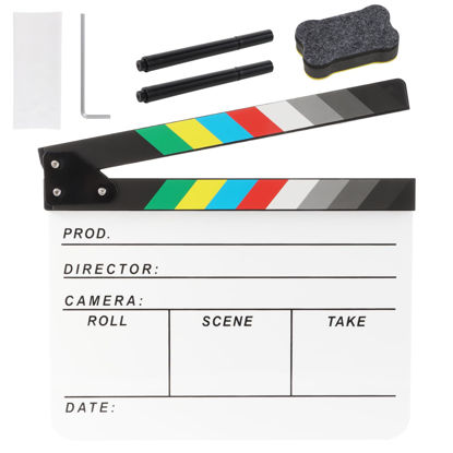 Picture of Ribvane Acrylic Movie Film Directors Clapboard, Photography Video TV Cut Action Scene Slate Clapper Board Props with a Magnetic Blackboard Eraser, Two Custom Pens, Cleaning Cloth and Hex Wrench, White