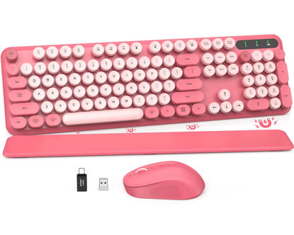 Picture of Wireless Keyboard and Mouse Combo - Round Keycaps, Full-Size Retro Typewriter Keyboard with Detachable Wrist Rest, Sleep Mode & Tilt Legs, 2.4GHz Cordless Connection for Mac/Windows/PC (Hot Pink)