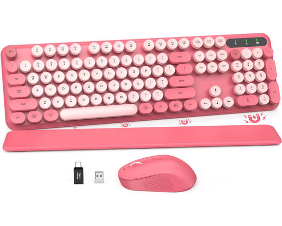 Picture of Wireless Keyboard and Mouse Combo - Round Keycaps, Full-Size Retro Typewriter Keyboard with Detachable Wrist Rest, Sleep Mode & Tilt Legs, 2.4GHz Cordless Connection for Mac/Windows/PC (Hot Pink)