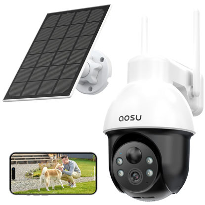Picture of AOSU Solar Security Camera Wireless Outdoor System, 3K/5MP Battery Powered WiFi Camera for Home Security, Panoramic PTZ, Auto Tracking, Human/Vehicle Detection, Night Vision, Spotlights, 2-Way Talk