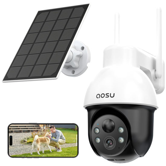 Picture of AOSU Solar Security Camera Wireless Outdoor System, 3K/5MP Battery Powered WiFi Camera for Home Security, Panoramic PTZ, Auto Tracking, Human/Vehicle Detection, Night Vision, Spotlights, 2-Way Talk