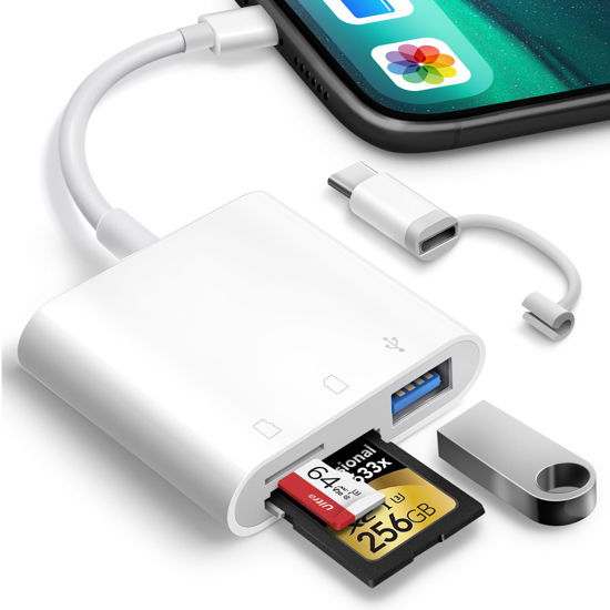 Picture of Oyuiasle SD Card Reader for iPhone iPad Trail Camera Viewer 3-in-1 SD Adapter with Dual Slots & USB Port, Memory Card Adapter Dual-connector Design with Lightening&USB-C for Photographers, Plug & Play