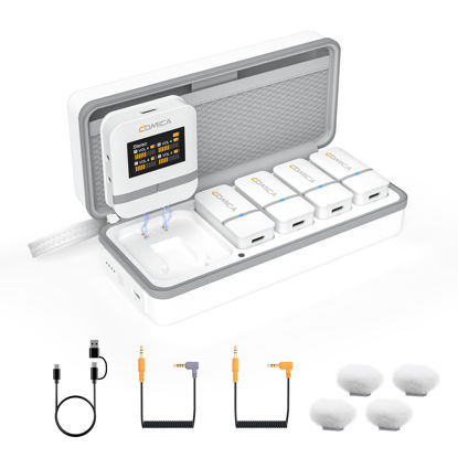 Picture of COMICA Vimo Q Wireless Lavalier Microphone System with 4 Transmitters and 1 Receiver, Noise Cancellation, 656' Range, Wireless Microphone for Camera, iPhone, Android, PC Interviews, Vlogging(White)