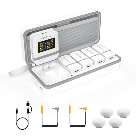 Picture of COMICA Vimo Q Wireless Lavalier Microphone System with 4 Transmitters and 1 Receiver, Noise Cancellation, 656' Range, Wireless Microphone for Camera, iPhone, Android, PC Interviews, Vlogging(White)