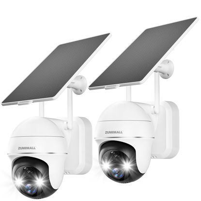 Picture of ZUMIMALL Security Cameras Wireless Outdoor - 2 Packs, 360° PTZ Outdoor Camera Wireless Solar Powered,2.4G WiFi, Spotlight/Siren//3MP Color Night Vision/AI Detection/IP66