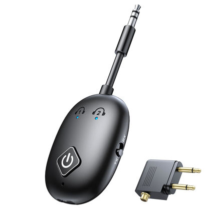 Picture of Bluetooth 5.3 Transmitter Receiver for Airplane TV, 2 in 1 Wireless Bluetooth Adapter for Airplane AirPods or Wireless Headphones Dual Pairs, 3.5mm Aux Adapter for Flight TV Gym Car/Home Stereo