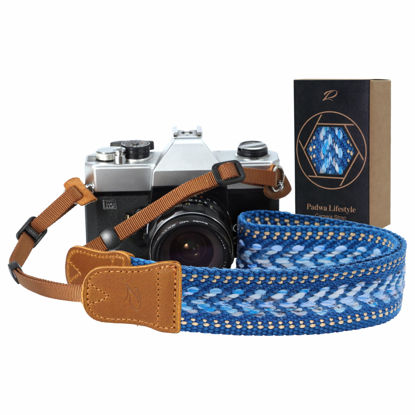 Picture of Padwa Lifestyle Speed Blue Camera Strap - 1.5" Soft Cotton Rope Weave Crazy Horse Cowhide Head Camera Straps for Photographers and All Cameras,Cute Adjustable Vintage Woven Strap for Adults & Kids