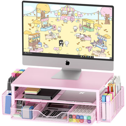 Picture of OPNICE Desk Organizers and Accessories, 2-Tier Computer Monitor Stand for Desk Organizer with Drawer and 2 Pen Holders, Office Desk Accessories Workspace Desktop Organizers for Office Supplies, Pink