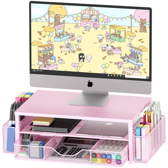 Picture of OPNICE Desk Organizers and Accessories, 2-Tier Computer Monitor Stand for Desk Organizer with Drawer and 2 Pen Holders, Office Desk Accessories Workspace Desktop Organizers for Office Supplies, Pink