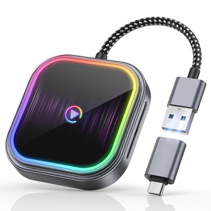 Picture of FAHREN 2025 Full Upgraded Wireless Carplay Adapter for iPhone, Audio Reactive Lighting Design Apple Carplay Dongle, Bluetooth Connection, Plug and Play, Mini Size with USB Type-A & Type-C