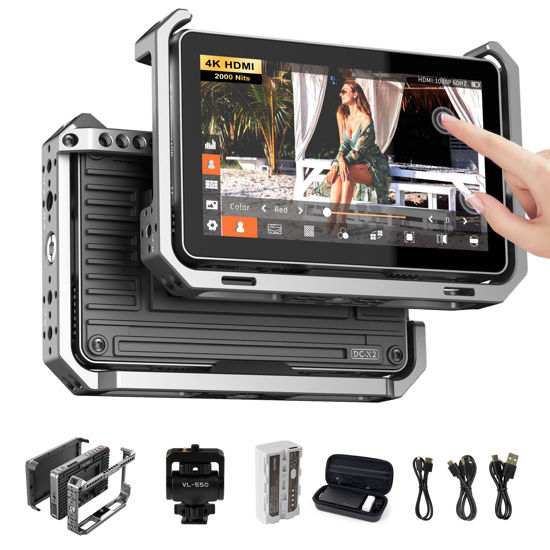 Picture of VILTROX DC-X2 2000 Nits Video Field Monitor Kit with Cage, 6 inch Touchscreen 4K HDMI DSLR On Camera Monitor with Sunshade Hood Battery, 1920X1080 HD Focus Peaking, 3D Lut, Full Waveform, RGB Parada