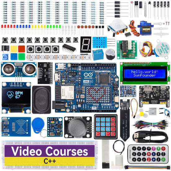 Picture of SunFounder Elite Explorer Kit with Original Arduino Uno R4 WiFi, RoHS Compliant, Bluetooth IoT ESP32 IIC LCD1602 OLED, Super Starter Kit, Online Tutorials & Video Courses for Beginners & Engineers