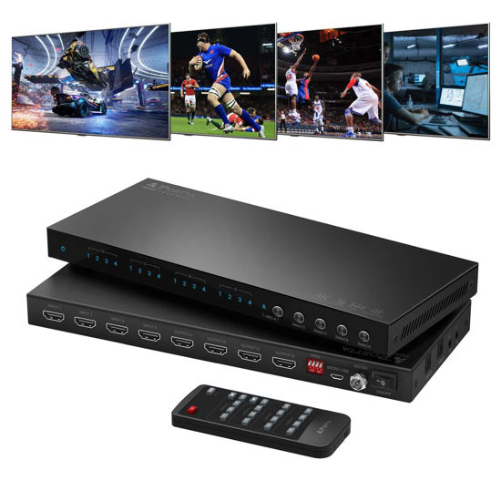 Picture of PORTTA 4x4 HDMI Matrix 4K 60Hz 4:4:4, 4 in 4 Out Switch Splitter, Audio Extractor, 16 EDID Modes with Remote Control Supports HDMI 2.0b, HDCP 2.2, HDR, YUV, ARC, 18Gbps, 3D, Downscaler 4K & 1080P