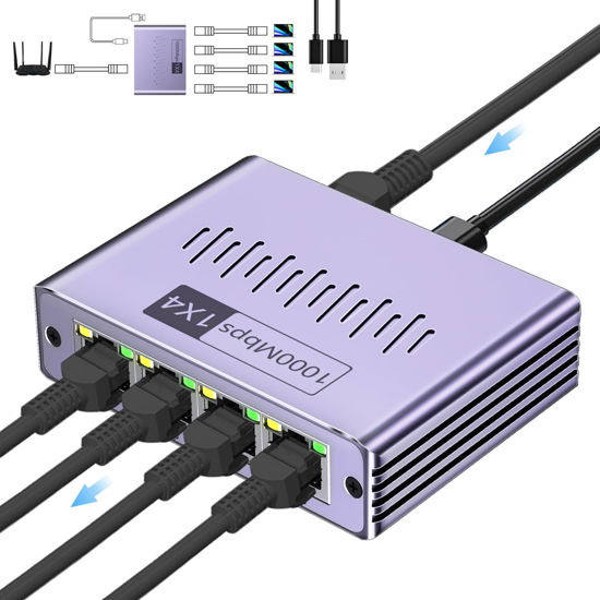 Picture of Ethernet Splitter 1 to 4 1000Mbps, LAN Splitter High Speed RJ45 Port Internet Splitter for Cat 5/5e/6/7/8 Cable, Ethernet Router Switch for PC/Laptop/TV (4 Devices Networked Simultaneously)