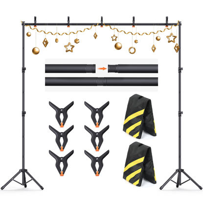 Picture of Backdrop Stand 10×8ft (H×W) Adjustable Backdrop Support Ground Kit Photography Photo Shoot Backdrop Stand for Parties with Sandbags, Spring Clips, Carrying Bag