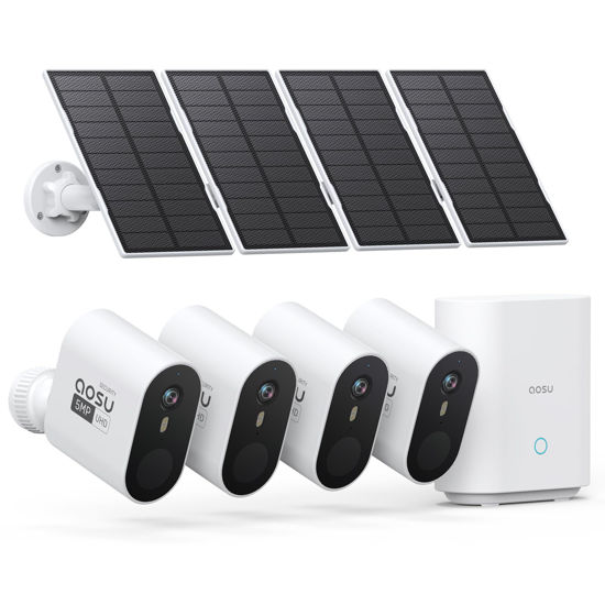 Picture of AOSU 3K/5MP Solar Security Cameras Outdoor Wireless, Ultra HD Video Home Security System 4-Cam Kit with 166° Ultra Wide Angle, Cam-to-Cam Sync, Color Night Vision, Spotlight & Siren, No Monthly Fees
